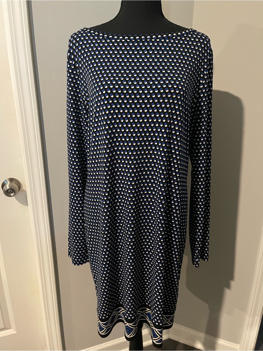 Michael Kors Navy and White Long Sleeve Printed Shift Dress